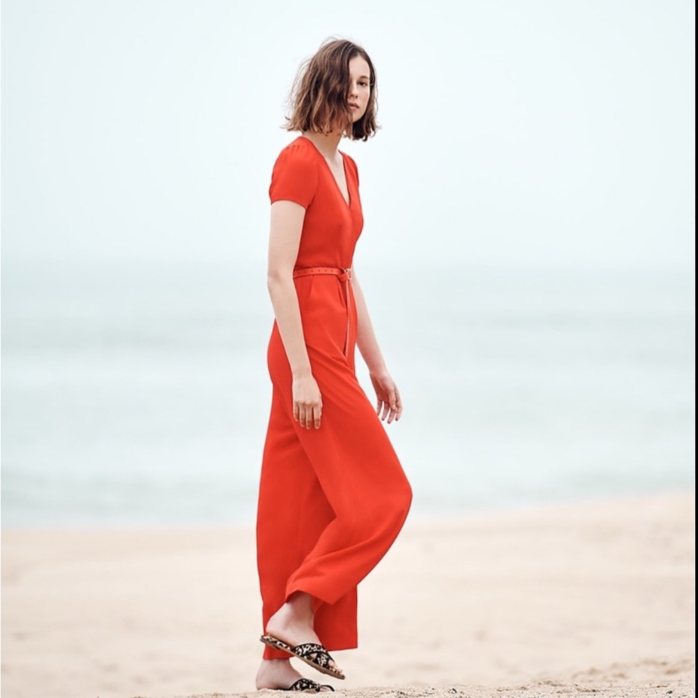J. Crew Bright Red V-Neck Wide-Leg Jumpsuit